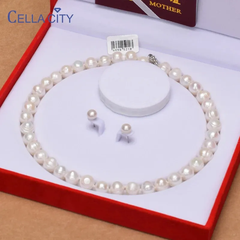 Cellacity Silver 925 Jewelry 910mm Natural Freshwater Pearl Jewelry Set for Women Stud Earrings Necklace Bracelet Gift for Mom 240119