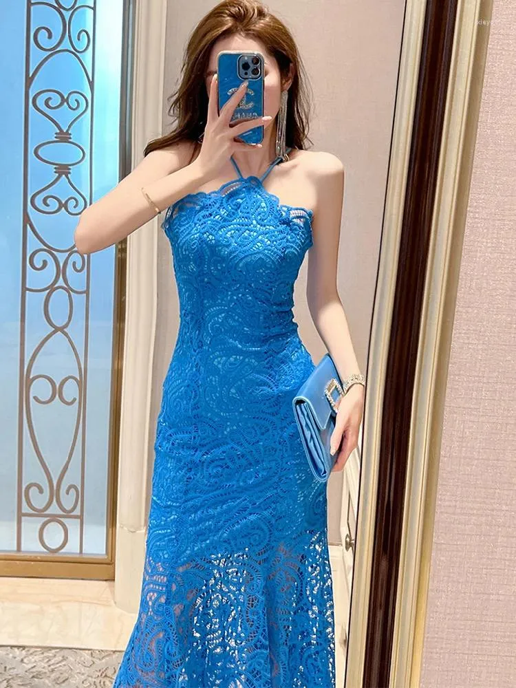 Abiti casual Elegante bellissimo abito lungo da donna Sexy Halter Blu Sheer Lace Backless Wrap Hip Fishtail Robe Female Prom Party Club
