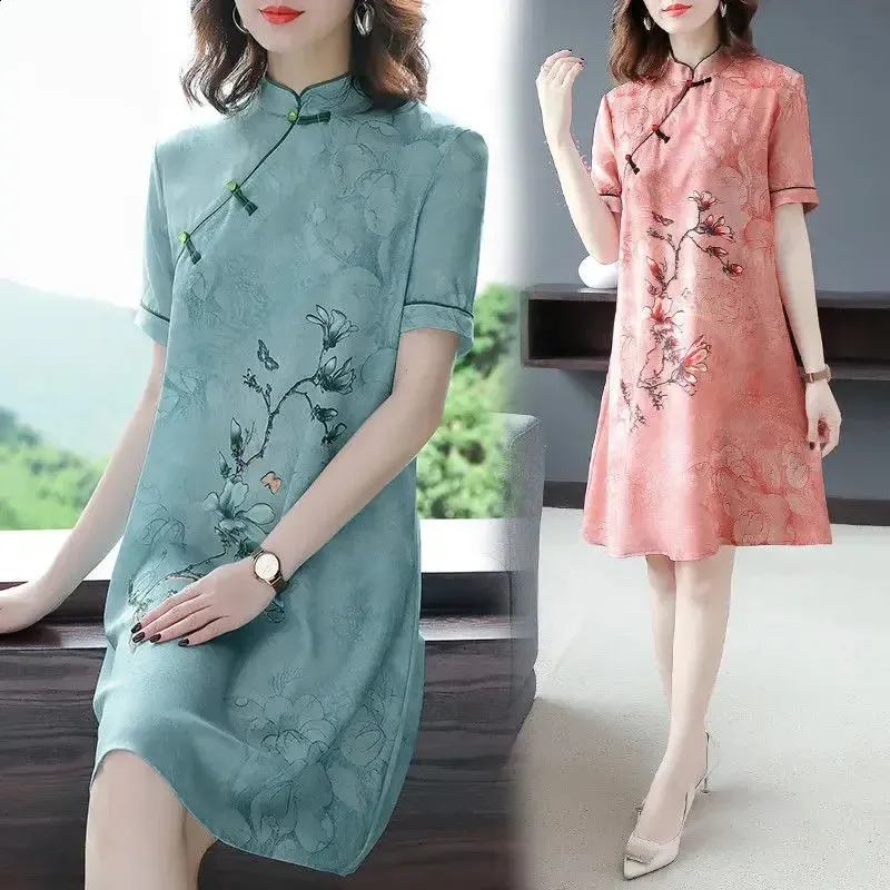 Modna chińska ubrania narodowe Summer Cheongsam Krótka sukienka retro drukowana qipao elegancka lady Casual Aline 240131