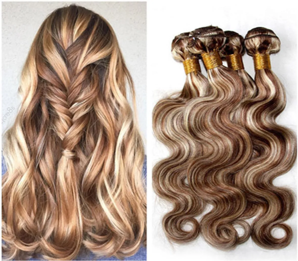 8613 Mieszany kolor fortepianowy Brazylijskie ludzkie włosy wątwa do ciała Fala Brezy Brązowa i blond fortepianowa mieszanka Kolor Virgin Hair Weave Bundles 4PC6532154