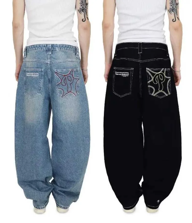 Jeans pour femmes Y2k Jeans brodés à jambes droites et larges pour hommes vêtements de rue Hip Hop 2023 nouveau Harajuku lettre décontracté simple poche Jeans pantalons chauds pour femmes J240217