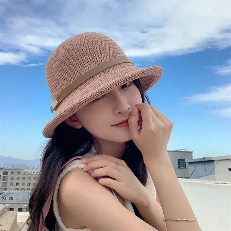 Berets verão ao ar livre balde chapéu moda feminina respirável pequena bacia pára-sol fresco cinto cor contraste