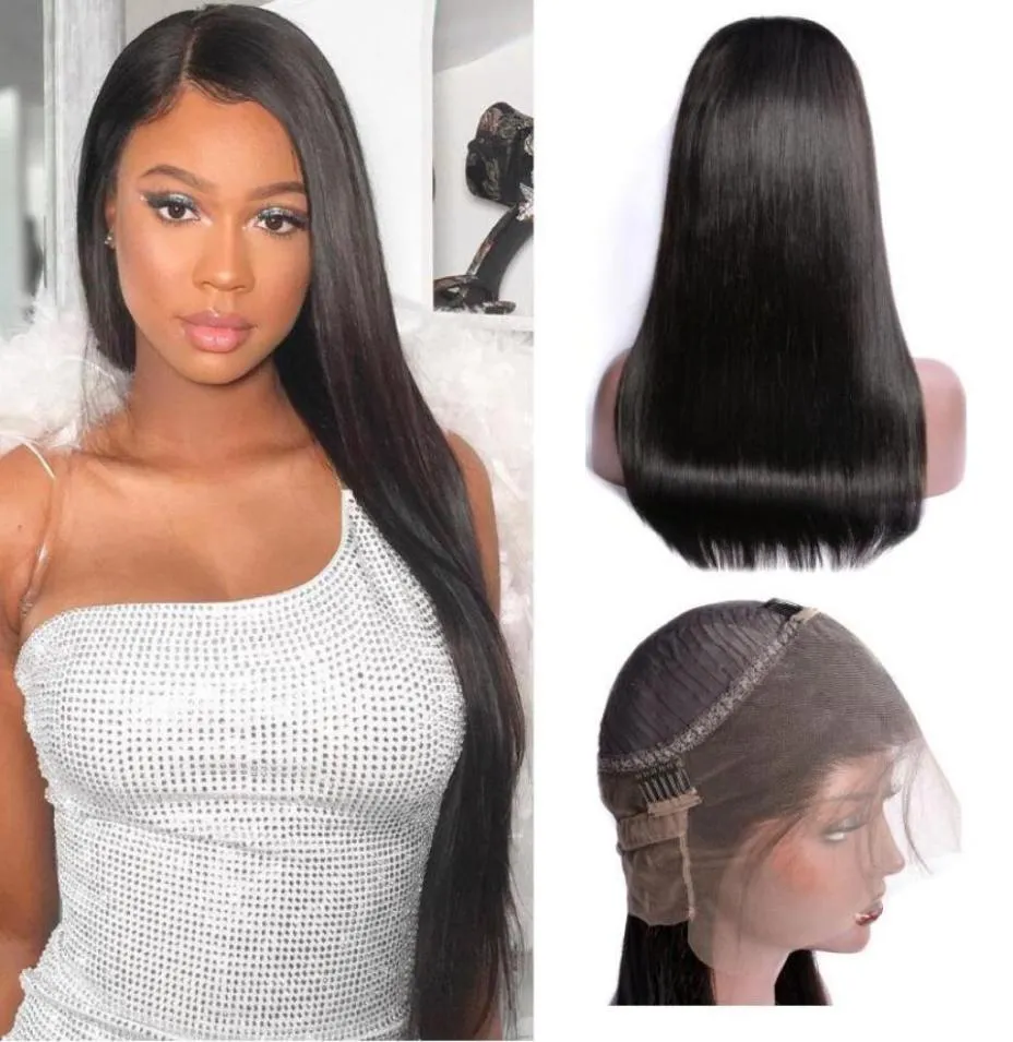 Vierge brésilienne pré plumée vague droite 360 degrés suisse dentelle frontale perruque perruques de cheveux humains avec Hairline naturel 7540999