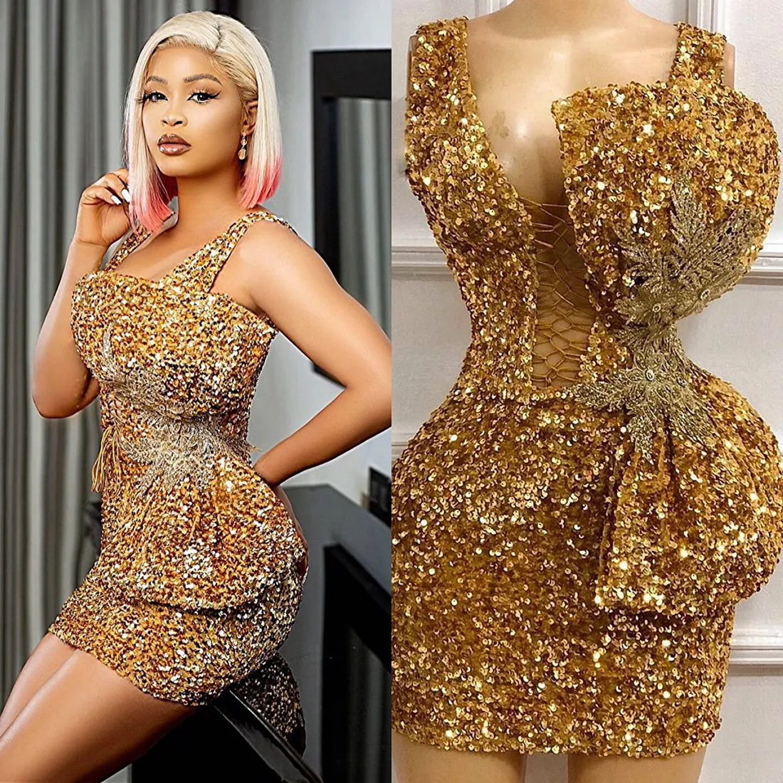 Gold Aso Ebi Cocktail Dresses V Neck Sequined Lace Short Mini Prom Dress Big Bow Decorated Beaded Pearls Pleated Evening Formal Gowns Birthday party Gown C013