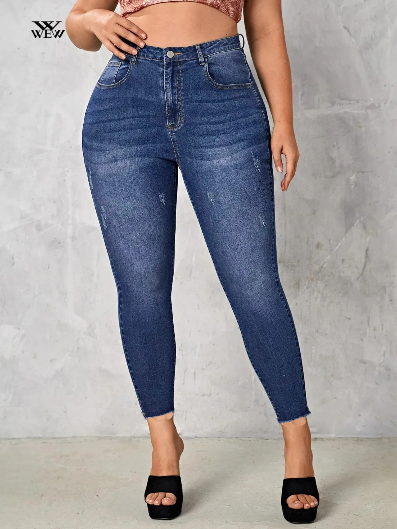 زائد الحجم الجينز الضيق للنساء جينز متعرج مسدود عالية الخصر جينز جينز سراويل 6xl 100 كجم نساء سراويل كاملة الطول 240202