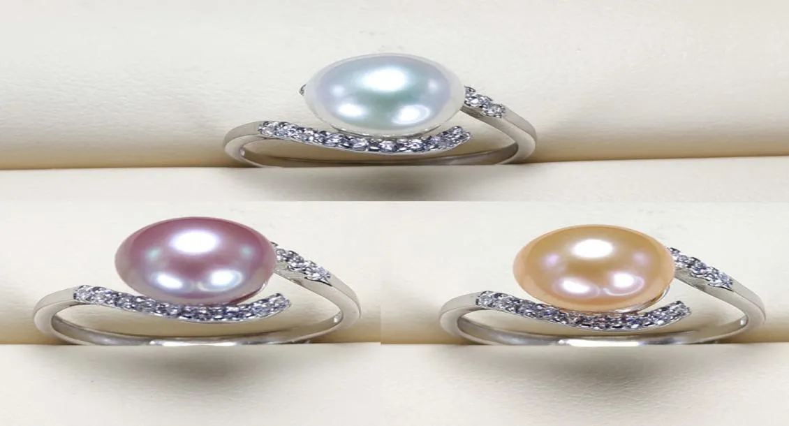 S925 Sterling Silver Ring Freshwater Pearl Ring For Women 89 mm Natural Pearl With Zircon Fashion Jewelry Adjustable size Wedding3653260