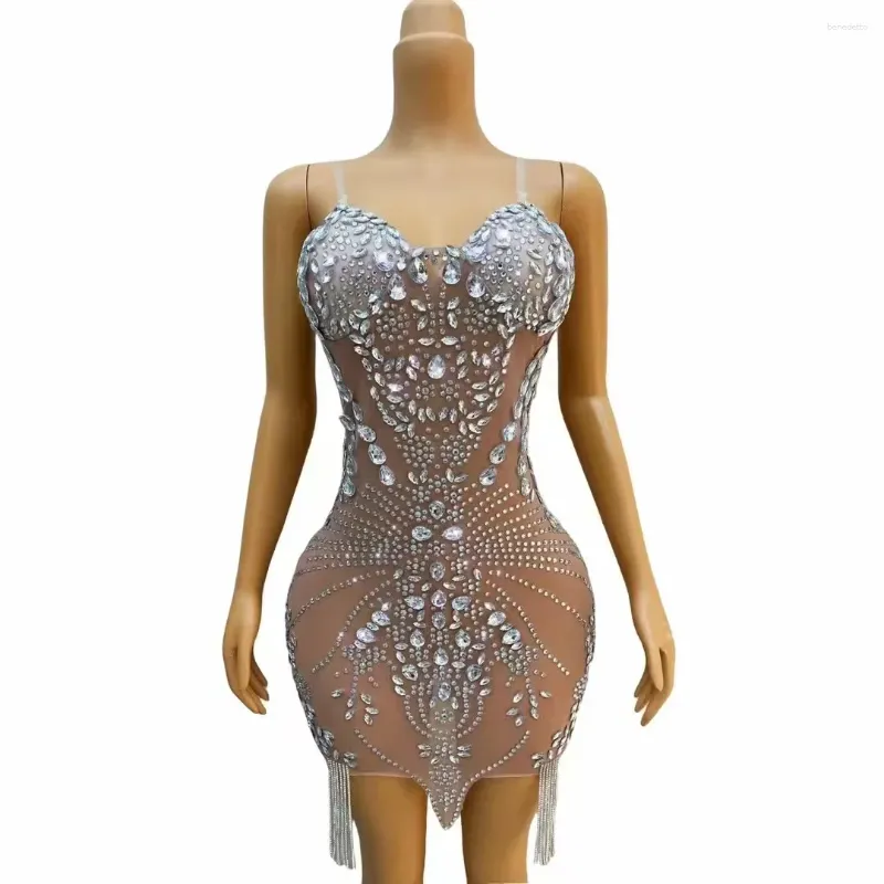 Stage Wear Sexy brillante argento strass catene abito trasparente sera compleanno festeggiare abito elasticizzato cristalli Poshoot