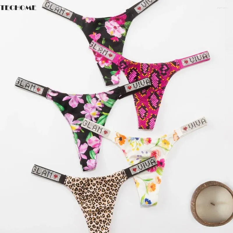 Women's Panties TECHOME Diamond G-string European And American Women Satin Thongs T Pants Sexy Printed Briefs Seamless Bikini