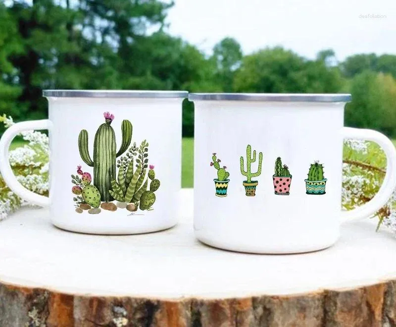 Mugs Tropical Plants Cactus Print Enamel Creative Coffee Tea Water Milk Cups Summer Camping Handle Drinkware Vacation Mug Gifts