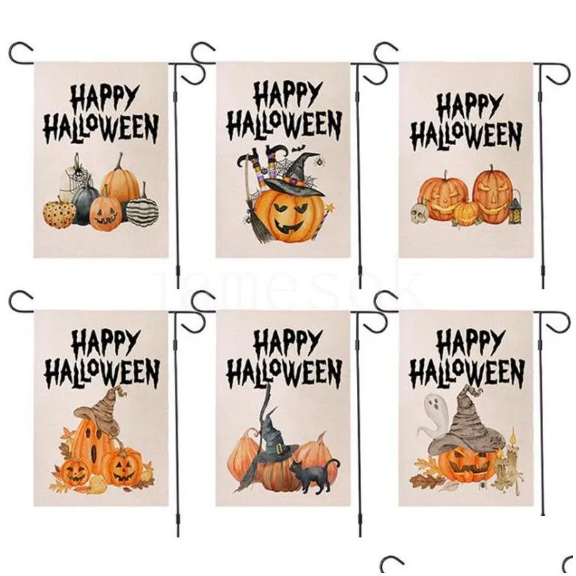 Bannerflaggor 47x32 cm Halloween Garden Flag Printing Pumpkin Flags Linen Terror Banner European och American Decoration Drop Delivery H Dhoad