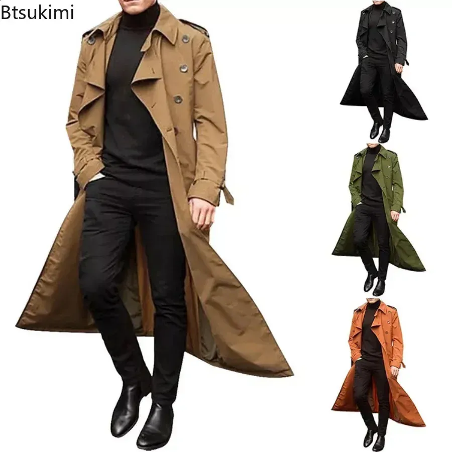 2024 casaco masculino vintage longo trench jacket casacos masculino festa de negócios casual longo sólido windbreak outwear roupas masculinas 240122