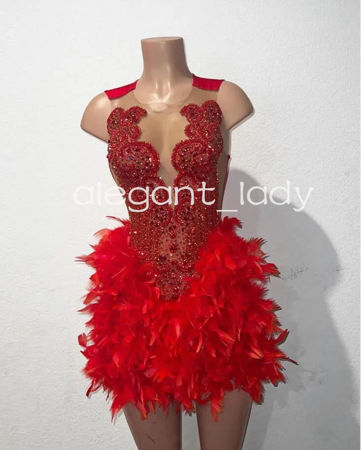 Red Sparkly Mini Evening Cocktail Dresses for Women Luxury Diamond Crystla Feather Birthday Gala Gown Homecoming Black Girl