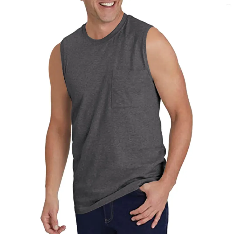 Herren-Tanktops, sportlich, klassisch, einfarbig, lockere Westen, Rundhalsausschnitt, ärmellose T-Shirts mit Vordertasche, Outdoor-Freizeitkleidung