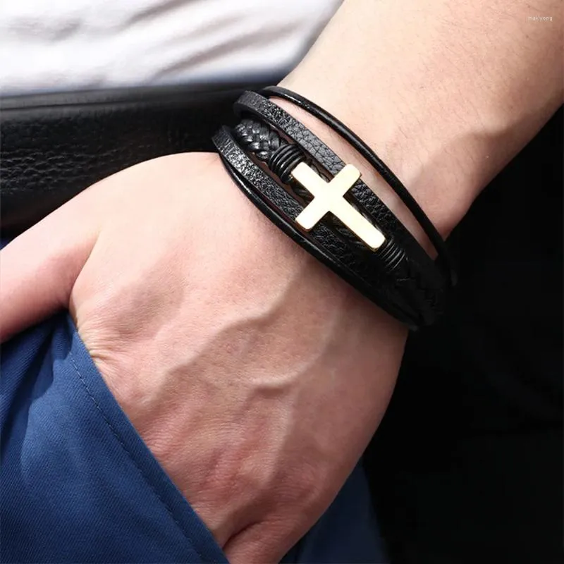 Armreif 8,19 Zoll Mehrschichtige Kreuzgeflochtene Leder-Surfer-Manschettenarmbänder Für Männer Edelstahl-Armband Mit Magnetverschluss