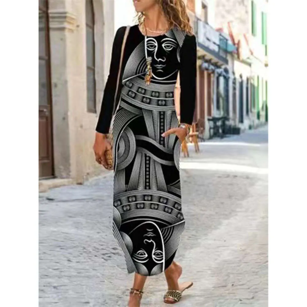 Designer Kvinnokläder Autumn New Womens Dress National Style Tryckt långärmad klänning Lång kjol maxi klänning långa ärmar klänningar för kvinnors maxi klädesczjr