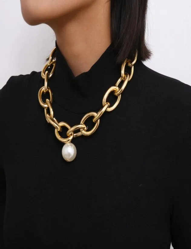 Imitation Gothic Big Pearl Pendant Choker Steampunk Men Hip Hop Heavy Metal Chunky Lock Chain Necklace Women Jewelry DKAS5969588