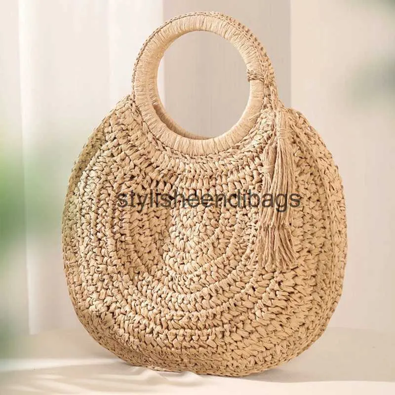 Totes 2023 Sac de paille en rotin tissé rond gland sac à main pour femmes grande capacité épaule fourre-tout sac à main dames vacances poignée en boisH24217