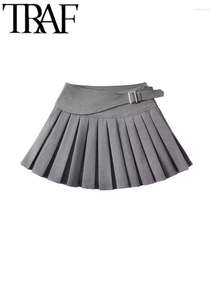 Skirts FANS Elegant Grey Women Pleated Skirt 2024 Spring Asymmetric Belt High Waisted A-Line Female Mini Y2K Jupe