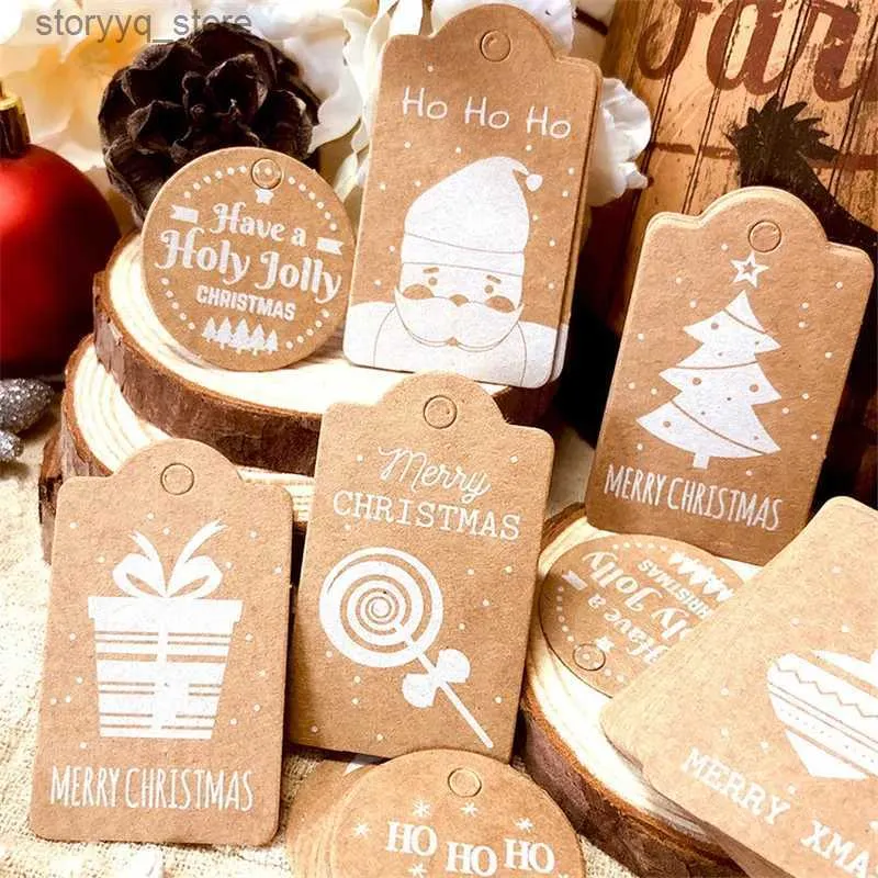Etykiety Tagi 50pcs Projekt świąteczny Kraft Paper Tag Xmas Tree Label Wesołych Świąt Nowy Rok Bagsy Pudełka Opakowanie papierowe tagi Navidad Q240217