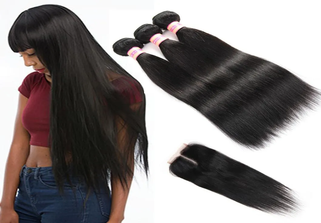 10A cheveux brésiliens 4 paquets avec fermeture brésilienne vierge Extensions de cheveux raides paquet de cheveux humains avec fermeture à lacets 7076660