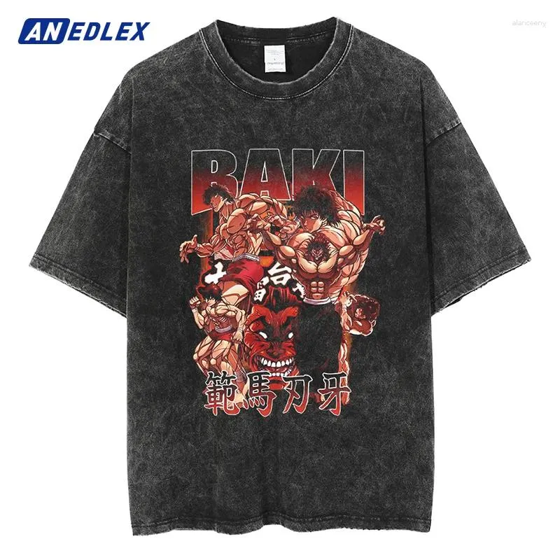 Men's T Shirts Men Vintage Shirt Streetwear Retro Washed Black Harajuku Hip Hop Oversize Japanese Anime Print Tshirt Cotton Tops Tee