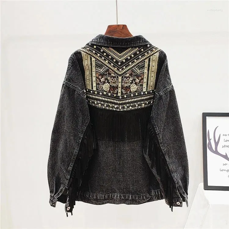 Women's Jackets Denim Women Jacket Spring Vintage Floral Embroidery Suede Fringe Loose Coat Long Sleeve Outerwear Female Chaquetas Mujer