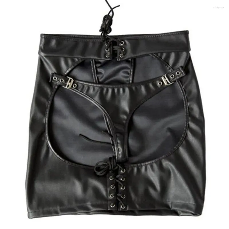Skirts Sexy Women PU Faux Leather MINI Skirt With Thong Spanking Club Dance Bondage Erotic Lingerie Night Clubwear