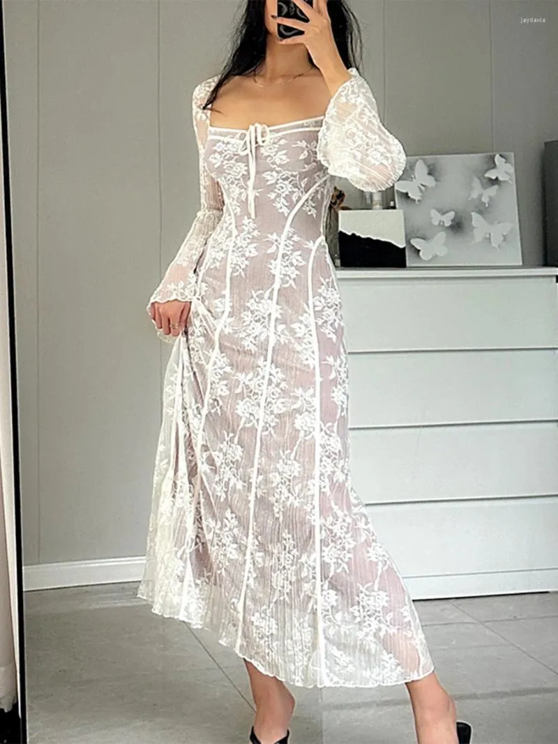 Robes décontractées Femmes élégante robe en dentelle col carré manches longues évasées fleur cravate printemps automne swing y2k streetwear