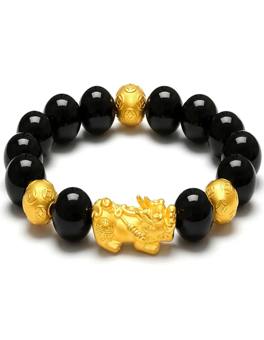 Vietnam Gold Plated 3D Wealth Pixiu Charm Black Obsidian Beads Armband Chinese Feng Shui Animal Amulet Jewelry9049177