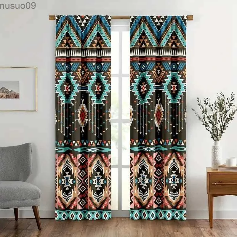 Tenda 2 pezzi Mandala Boho Tende oscuranti Fiori bohémien Strisce Tasca per asta Tende per finestre per camera da letto Soggiorno Etnico Vintage Pat