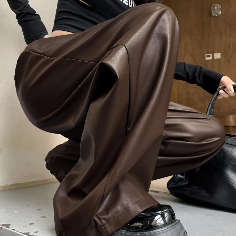 Leather Pants Women vintage Autumn and Winter Loose Slimming Casual Pants Drawstring Matte PU Leather Wide Leg Mop Pants Tide