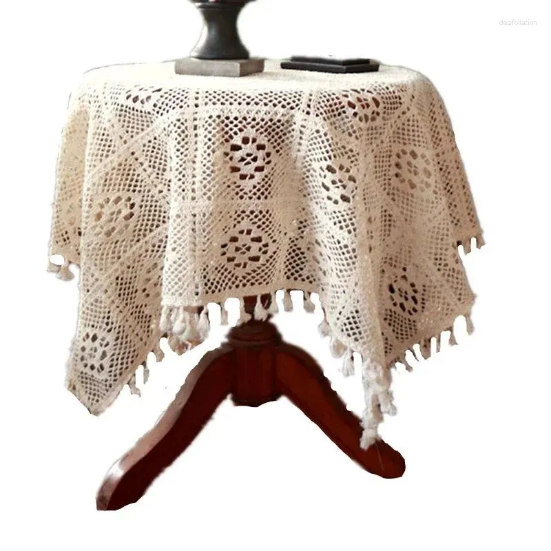 Table Cloth Home Decor Crochet Hollow Tablecloth Rectangle Tassel Beige Bedroom Coffee For Living Room Tablecover Mat E018