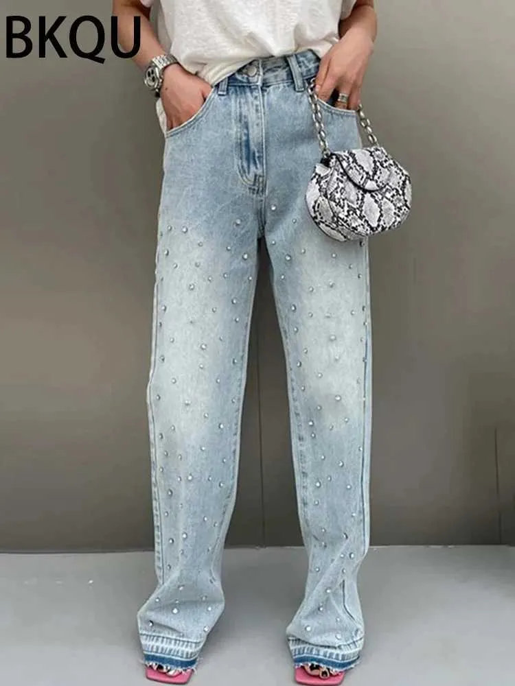 Kvinnors jeans bkqu raka baggy jeans kvinnor hög midja breda ben strass denim långa byxor 2023 mode streetwear diamanter shinny byxor j240202 j240217