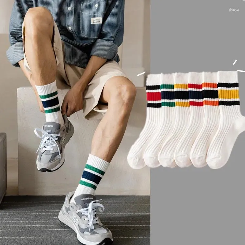 Chaussettes homme rayé Style japonais ample lycéens Harajuku chaussette couleurs unies aiguilles tricot coton