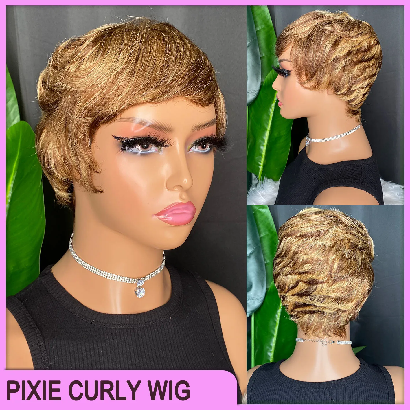 Vonder Price Top Quality Brazilian Peruvian Indian 100% Vrigin Raw Remy Human Hair P4/27 Pixie Curly Short no Lace Bang Wig