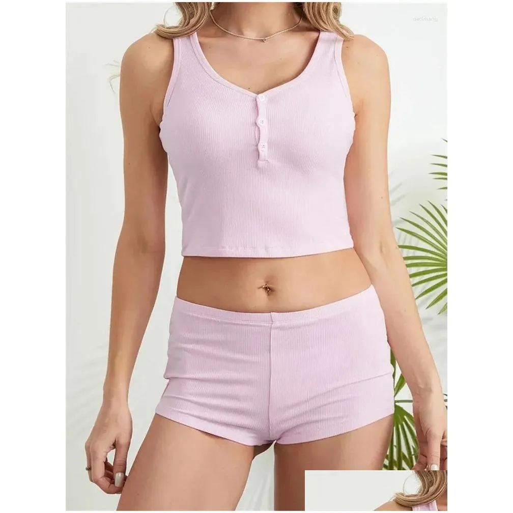 Damen-Nachtwäsche Chronstyle Damen 2-teilige Pyjama-Sets einfarbige Sommer-Tanktops und elastische Taillen-Shorts Loungewear-Nachtwäsche Drop Otxok