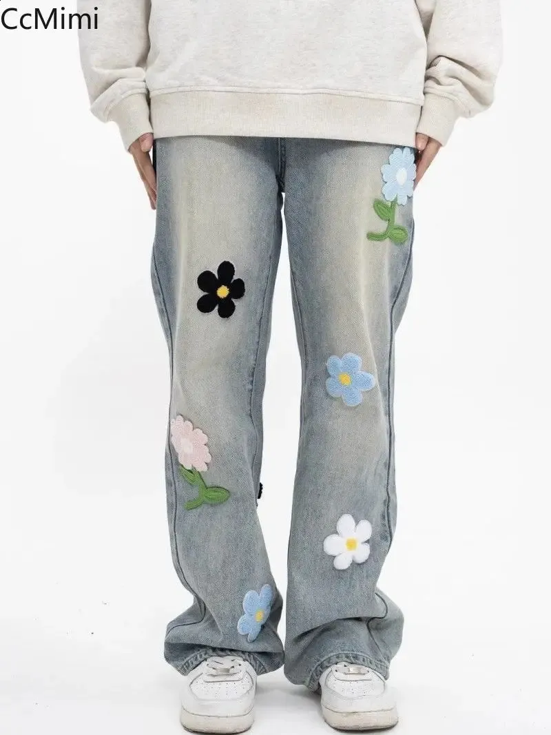 Harajuku Vintage Fiore Ricamo Patch Jeans a tubo dritto Autunno e inverno Lavaggio allentato Gamba larga Torri da pavimento 240122