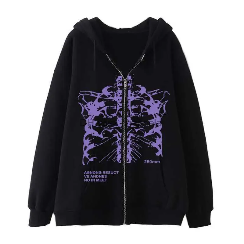 Sweats à capuche pour hommes Sweatshirts Skeleton Gothic Ins imprimé Y2K Zipper Up Sweat à capuche pour femme unisexe ample surdimensionné Harajuk High Street Streetwear Tops T240217