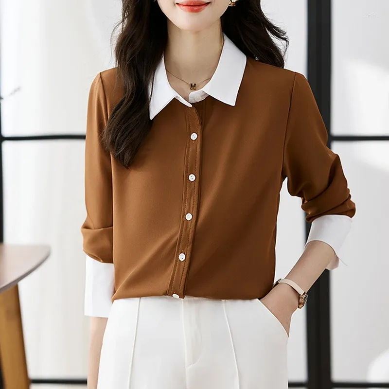 Women's Blouses Autumn 2024 Korean Fashion Women Chiffon Shirt Color Matching Long Sleeve Office Lady Blouse Elegant Profession Tops