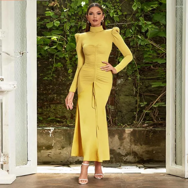 Casual Dresses Fashion Yellow Lace Up Pleated Gown High Neck Overlapping Shoulders Long Sleeve Tight-fitting Patchwork Bodycon Maxi Dress