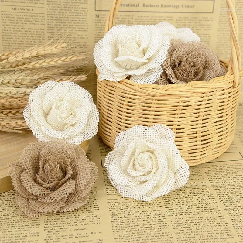 Flores decorativas 2/3/5 unidades retro juta hessian serapilheira rosa flor artificial artesanal faça você mesmo artesanato para decoração de casa de aniversário de casamento rústico