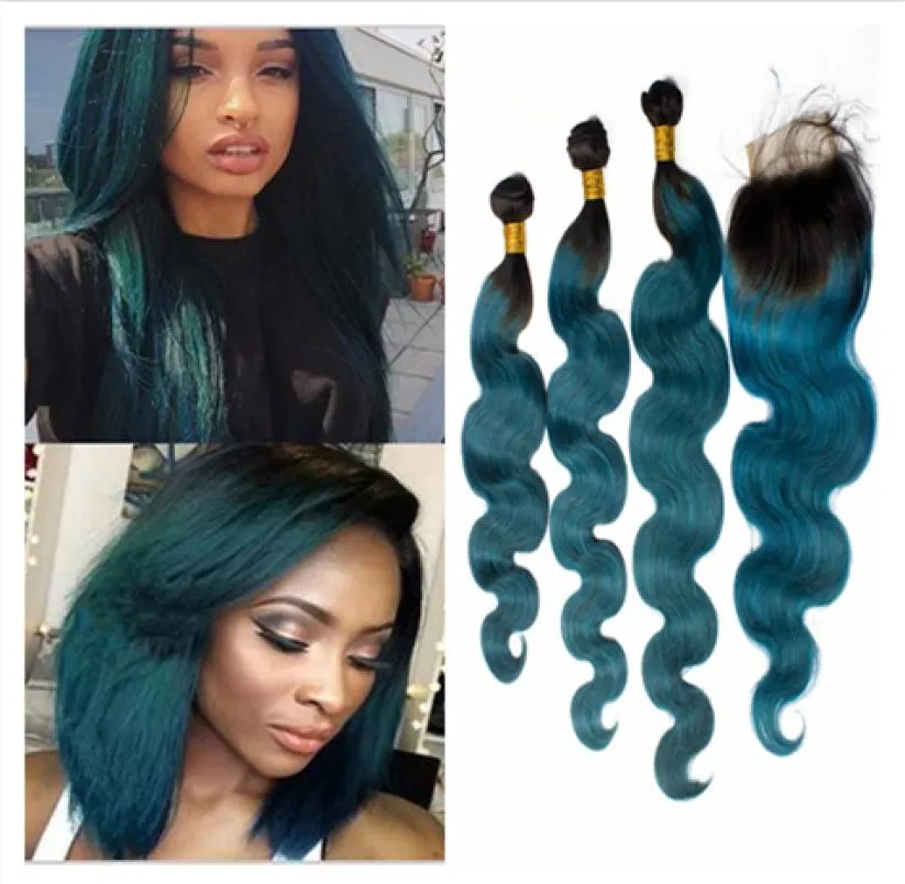 Dark Roots Dark Green Ombre Virgin Brazilian Human Hair With Closure 4Pcs Lot Body Wave 1BGreen Ombre 4x4 Lace Closure With 3Bund4319868