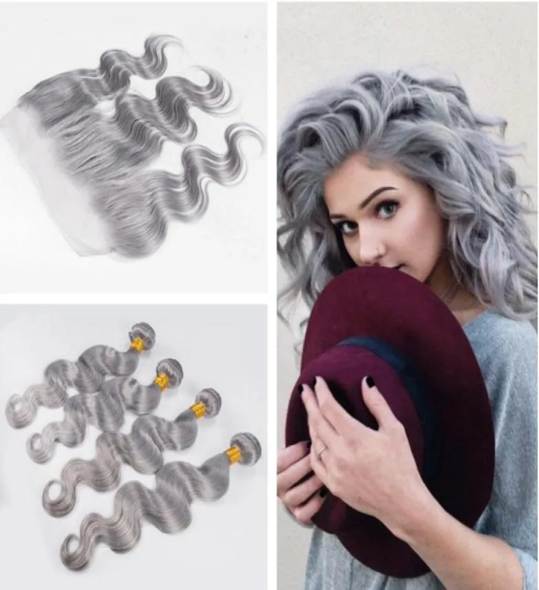 Cheveux humains de couleur gris argenté 4 paquets avec dentelle frontale 13x4 malaisienne vierge corps vague trame de cheveux 4 pièces avec oreille à oreille frontale9042037604