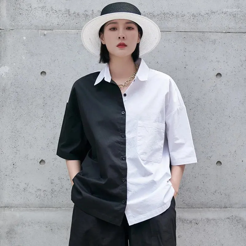 Bluzki damskie koszula z krótkim rękawem Summer czarno-biały w kolorze kolizji pary o tym samym swobodnym dużym rozmiarze