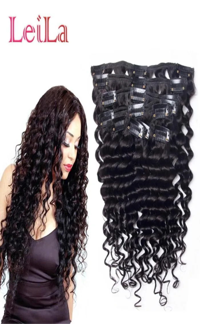 Clip di capelli vergini nelle estensioni dei capelli Onda profonda Ricci 70120g Testa piena indiana 7 pezzi Un set di trama di capelli Vendita3883032