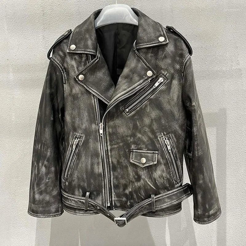Женские куртки, женская винтажная мотоциклетная куртка из натуральной кожи, модная повседневная свободная куртка с длинными рукавами и лацканами, шикарная дубленка на молнии, байкерская куртка