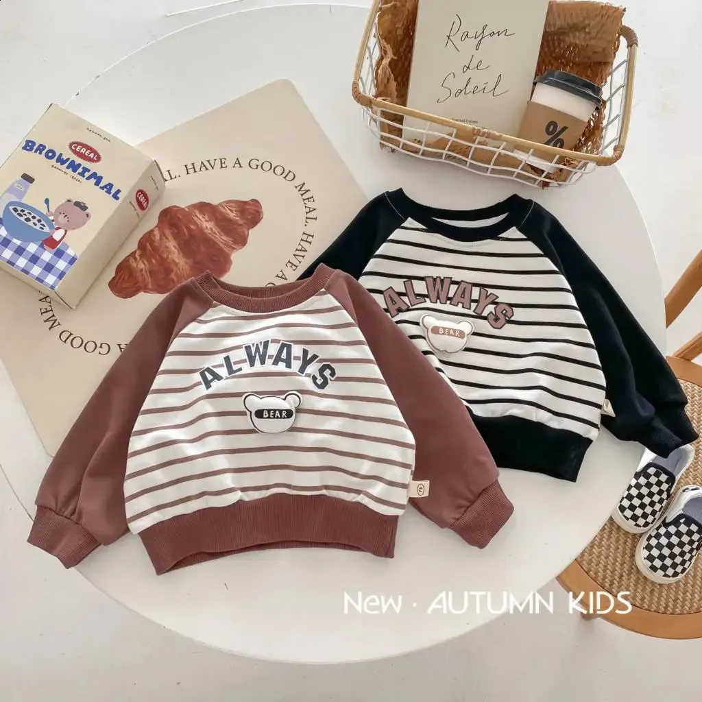 Frühling Herbst 05 Jahr Kind Jungen Pullover Patchwork Streifen Brief Drucken Hübsche Kinder Sweatshirts Lose Baby Tops 240122