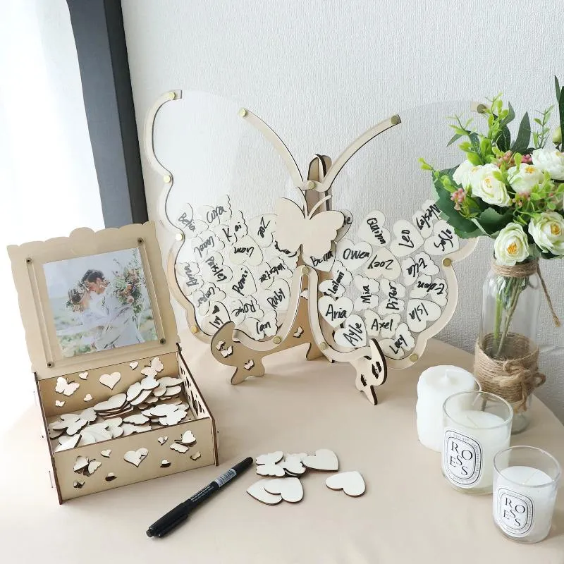 Party Supplies Wedding Guest Book Alternative Wooden Wreath With 50 Hearts Butterflies Marker Pen For Reception Sign