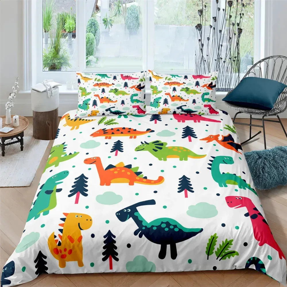 3d pequeno dinossauro dos desenhos animados bonito simples conjunto de cama casal rei único tamanho para crianças poliéster colcha capa travesseiro 240131