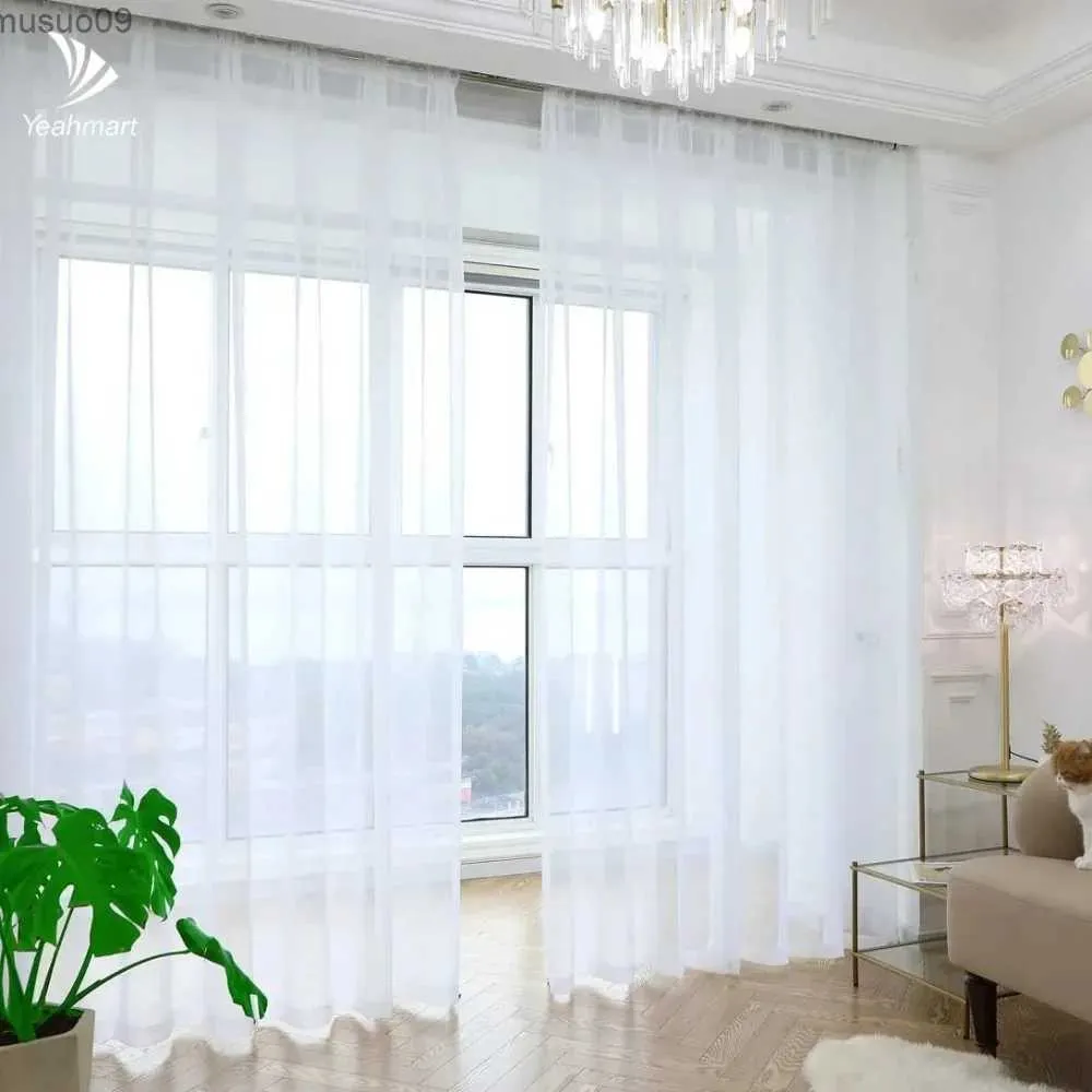 Curtain Yeahmart White/Cream/Grey Tulle Curtains for Living Room Decoration Modern Chiffon Solid Sheer Voile Kitchen Curtain
